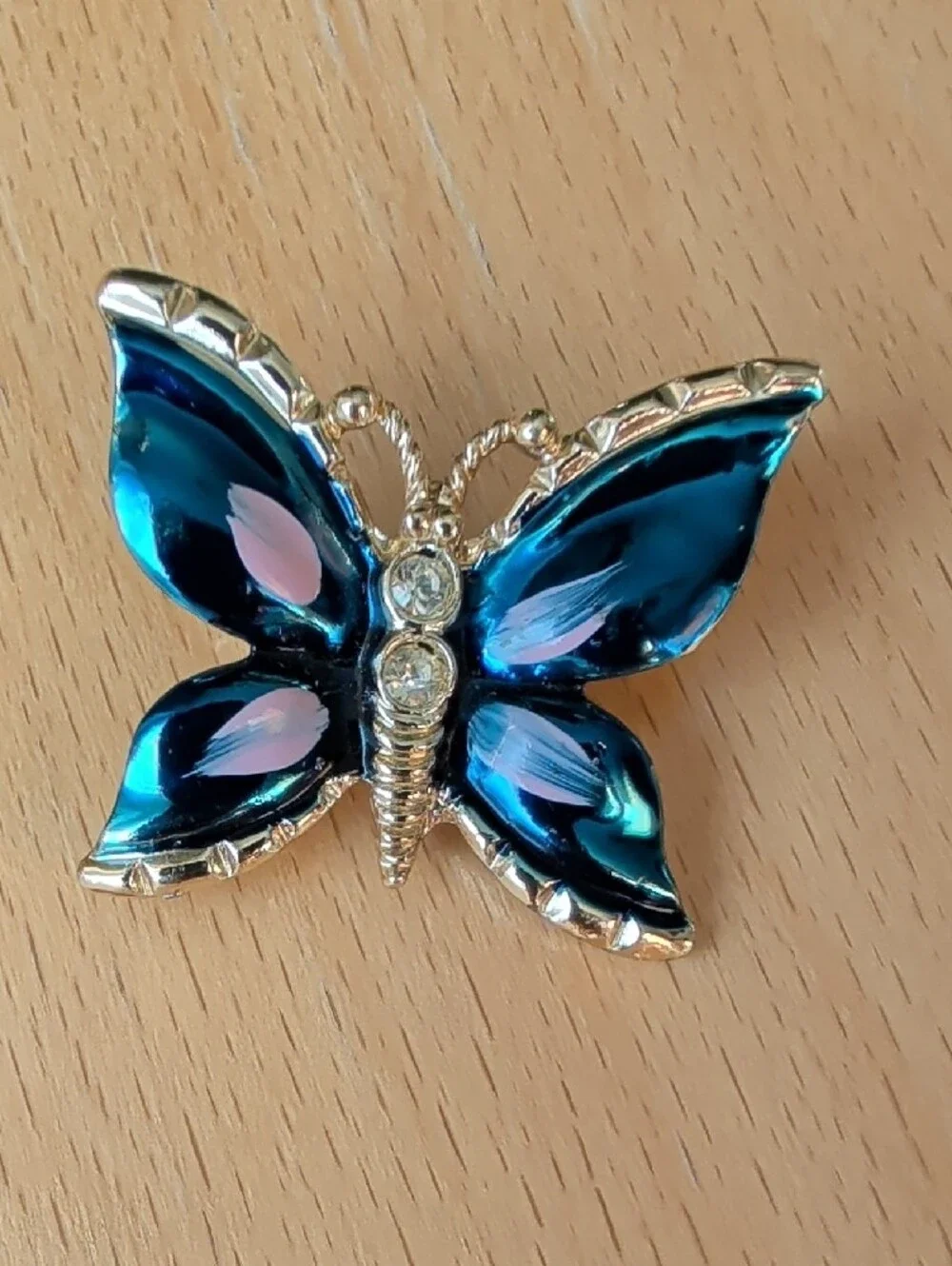 Blue Enamel Butterfly Brooch with Pink Accents